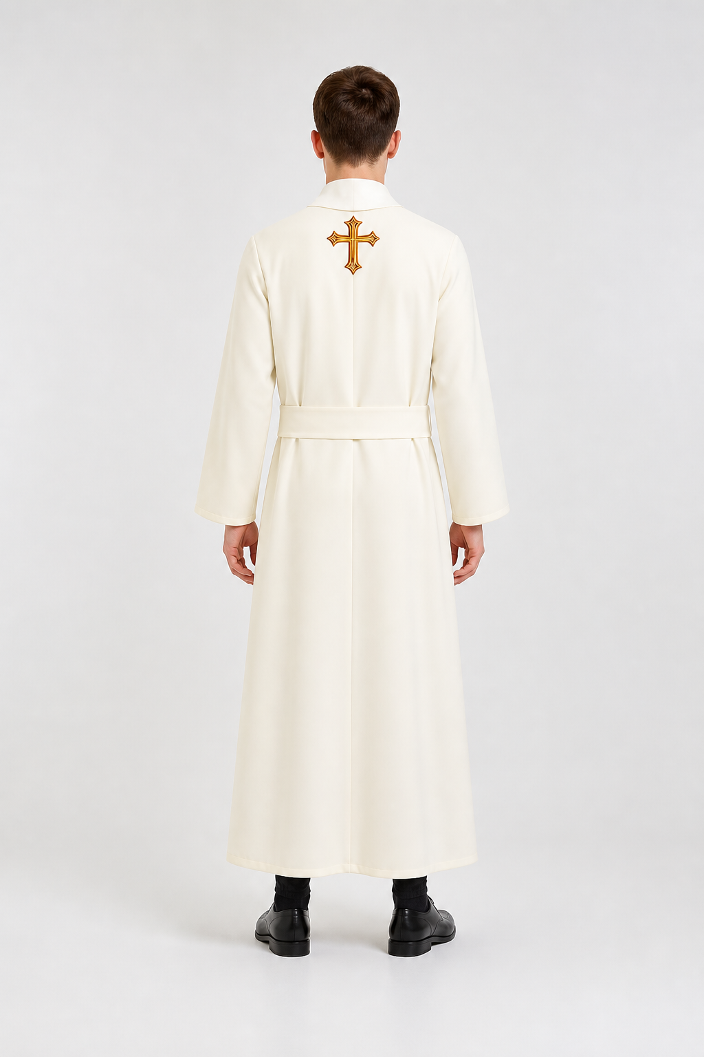 White Cassock with Gold-Tone Cross, 3-Piece Set back view