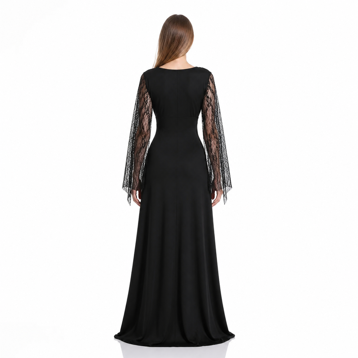 Black Dress with a V-Neck and Lace Sleeves back view