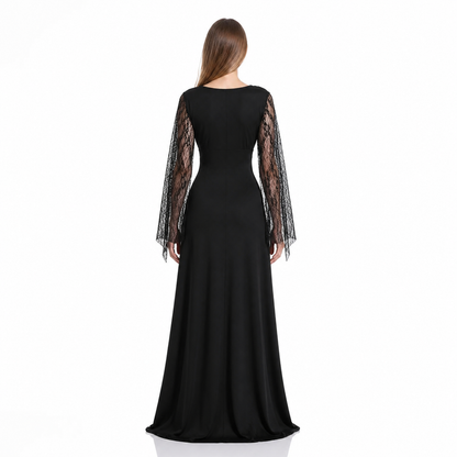 Black Dress with a V-Neck and Lace Sleeves back view