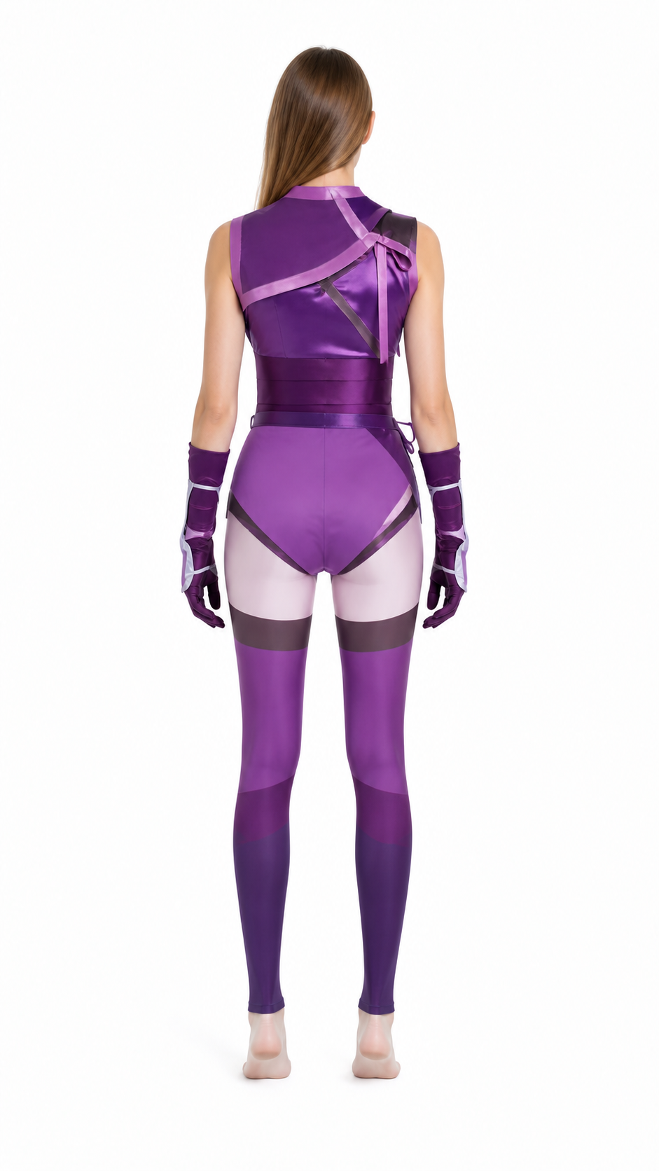 Ninja cosplay costume with cape, gloves, and mask back view