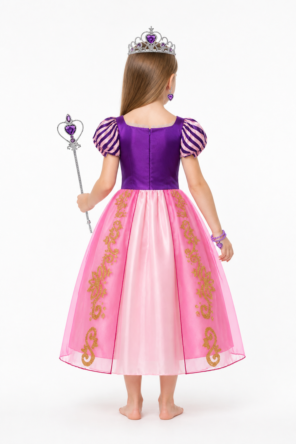 Rapunzel Princess Costume with Crown and Wand back view