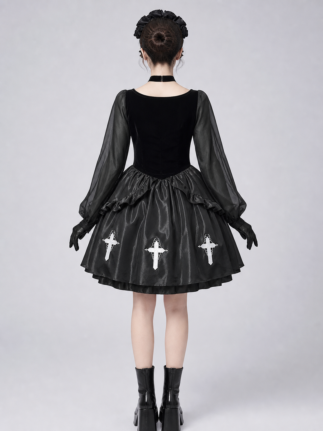 Gothic Dress with Gloves, Collar, and Headband
