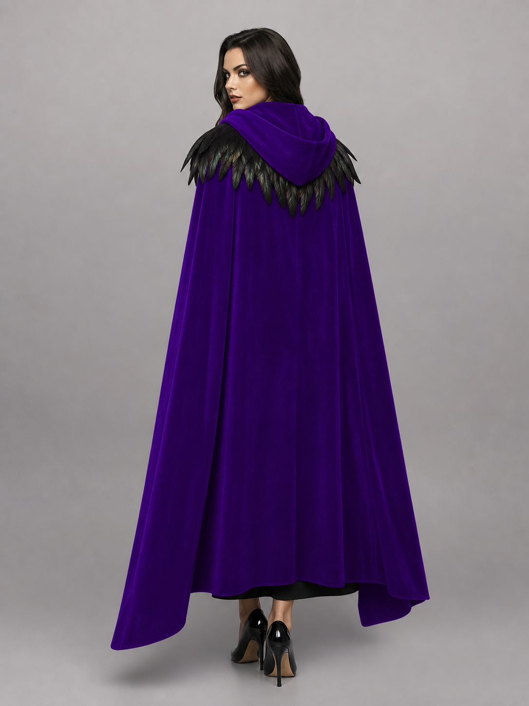 Purple hooded feather-trimmed velvet cape product view 26