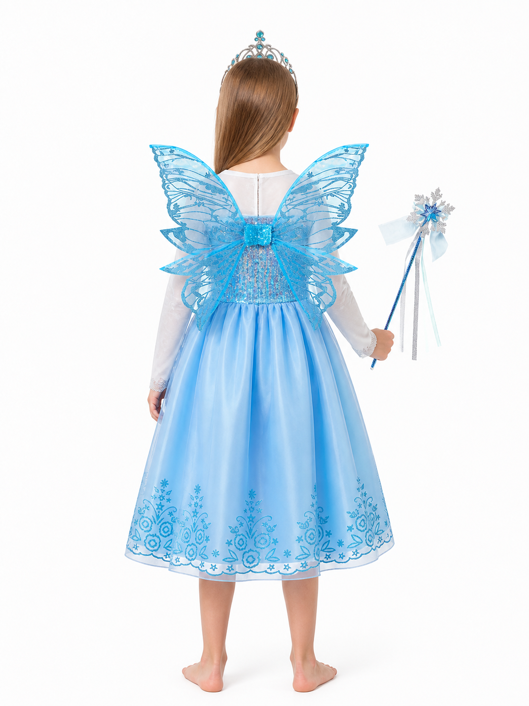 Blue Princess Costume with Butterfly Wings and Crown back view
