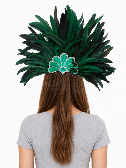 Green and black feather carnival headpiece shown from behind on a model wearing a gray shirt, with plumes framing the head