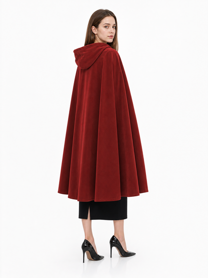 Medieval Hooded Cape with Oversized Hood, Burgundy Velvet-Like Flowing Cloak for Cosplay, Halloween, Themed Parties and Stage Performances