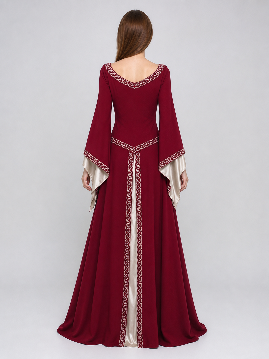 Floor-Length Dress with Long Sleeves and Decorative Trim