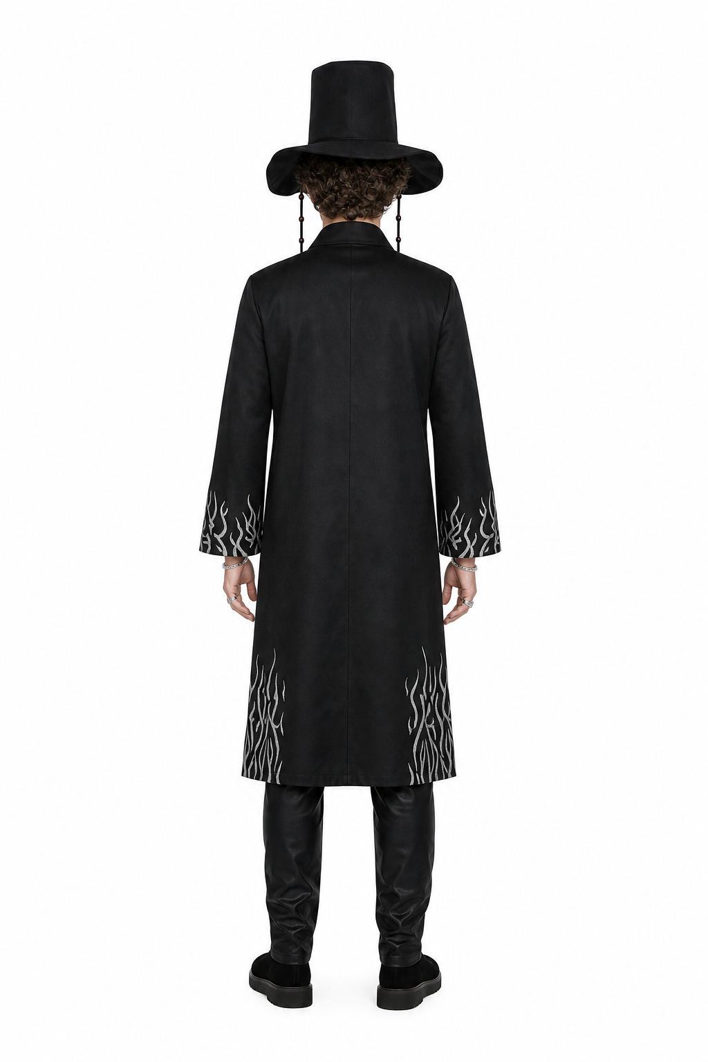 Black cosplay costume with long coat and hat back view