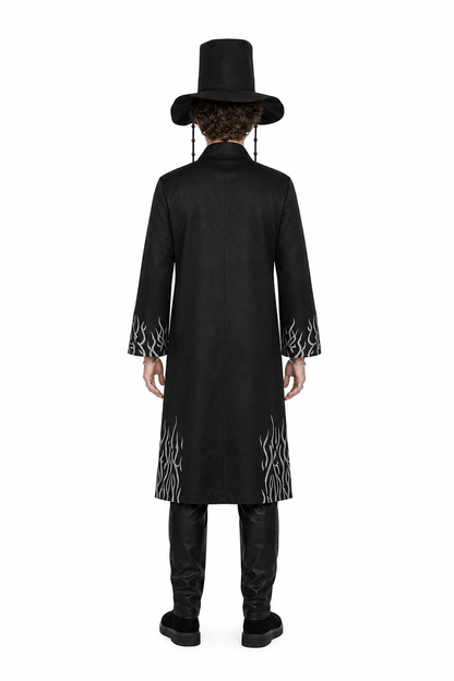 Black cosplay costume with long coat and hat back view