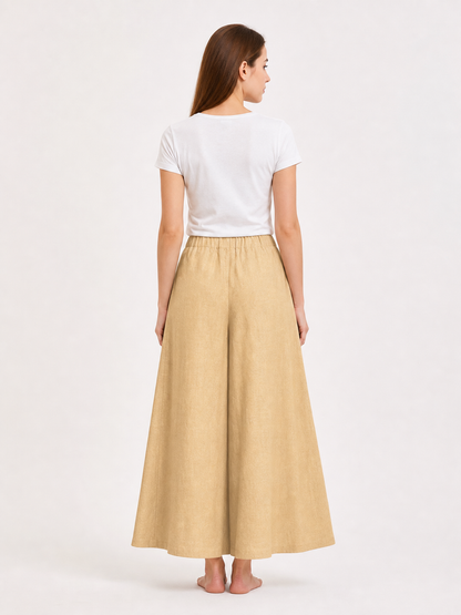 Apricot Wide Leg Pants, Elastic Waist Long Trousers with Two Side Pockets back view