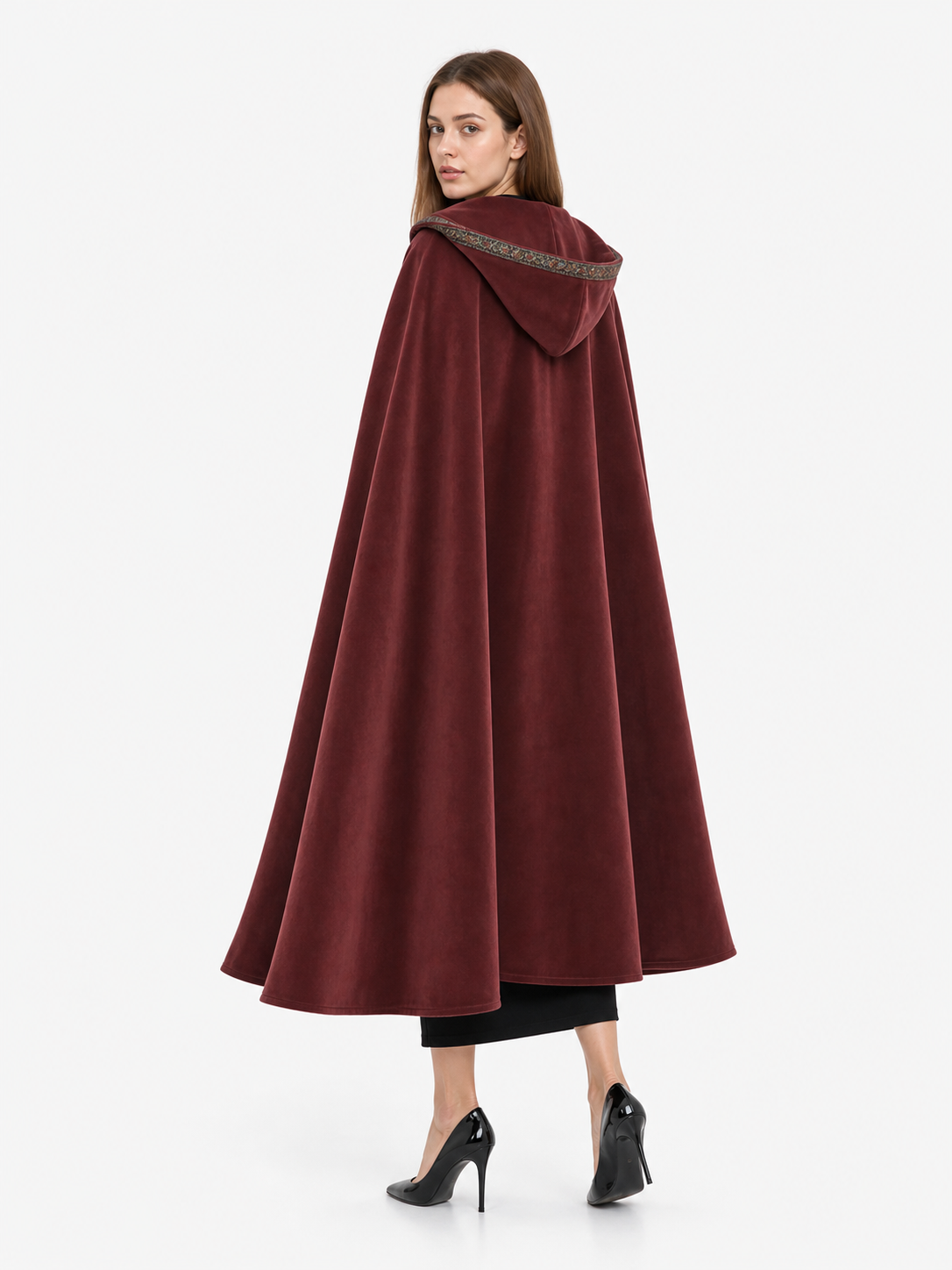 Carnival burgundy hooded cloak with trim