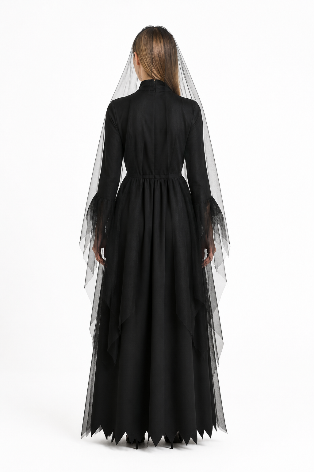 Long Black Halloween Dress with Veil back view
