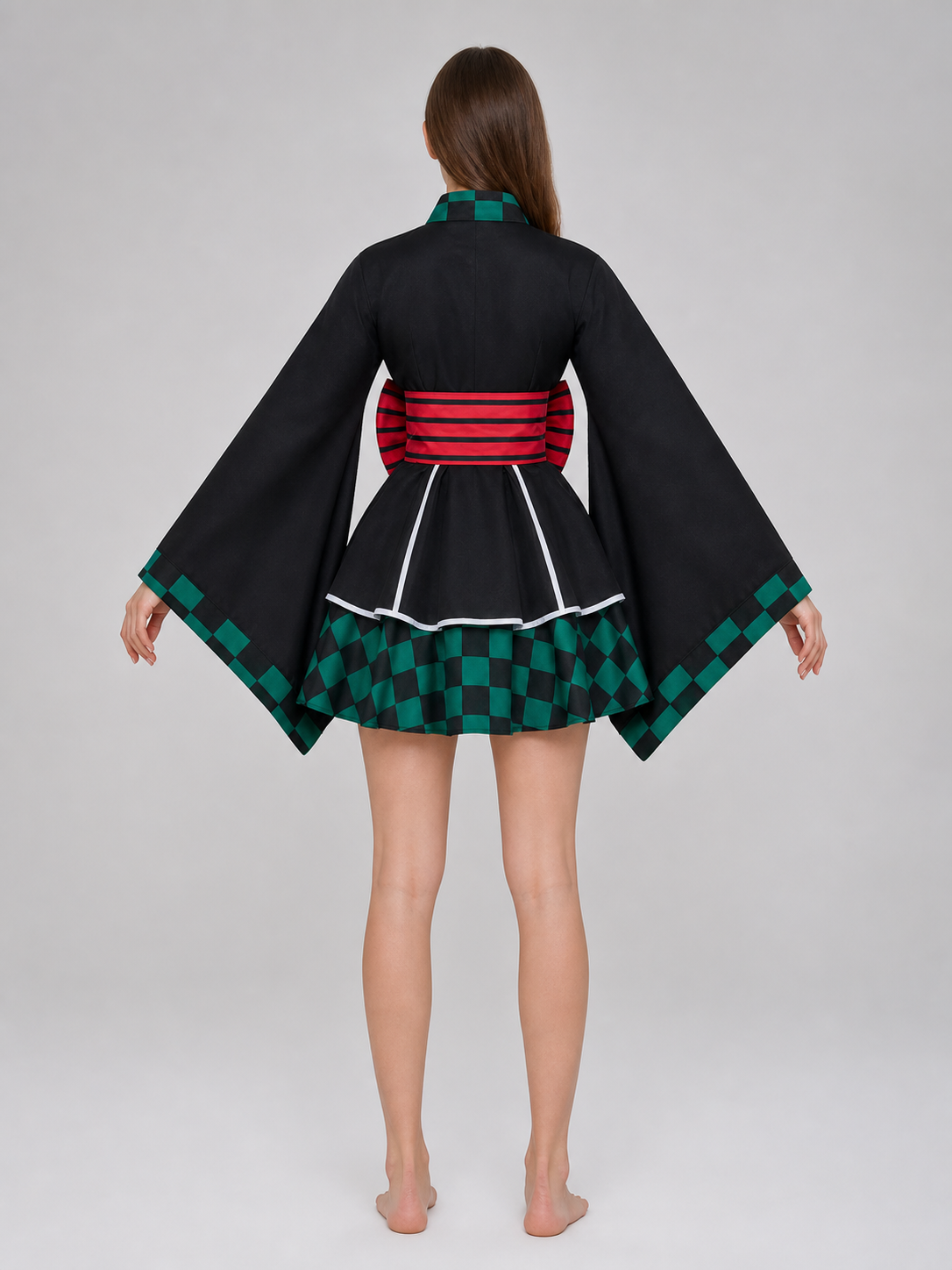 Tanjiro Cosplay Dress, Black with Green Plaid