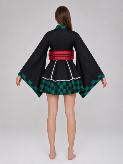 Tanjiro Cosplay Dress, Black with Green Plaid