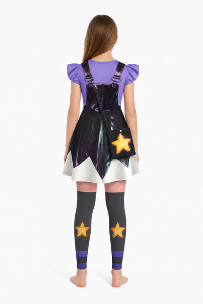 Character costume: dress, leggings, shorts, and bag back view