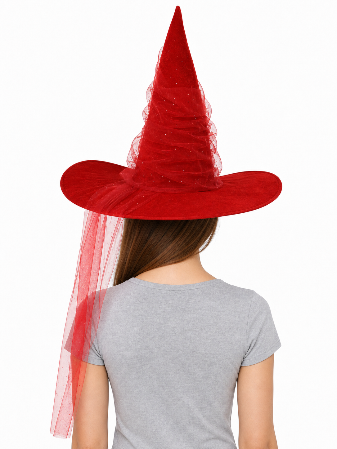 Red Halloween Witch Hat Tall Pointed Cone Wide Curved Brim Sheer Layered Glitter Speckled Costume Accessory for Parties and Photography