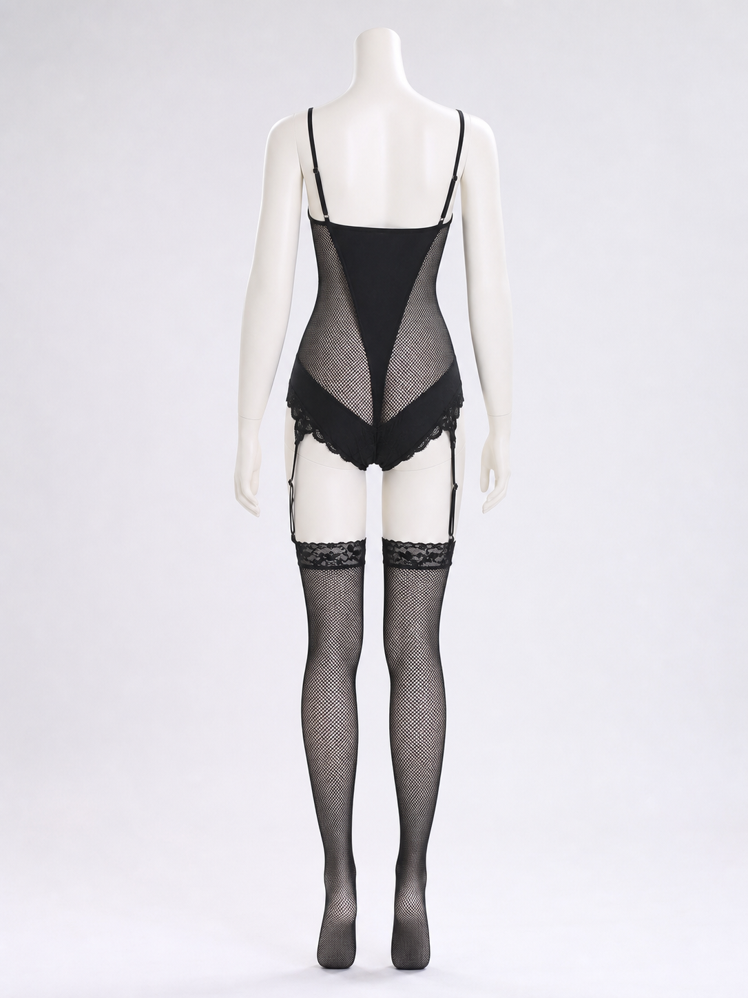 Black Lace and Mesh Bodysuit with Garters