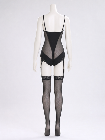 Black Lace and Mesh Bodysuit with Garters