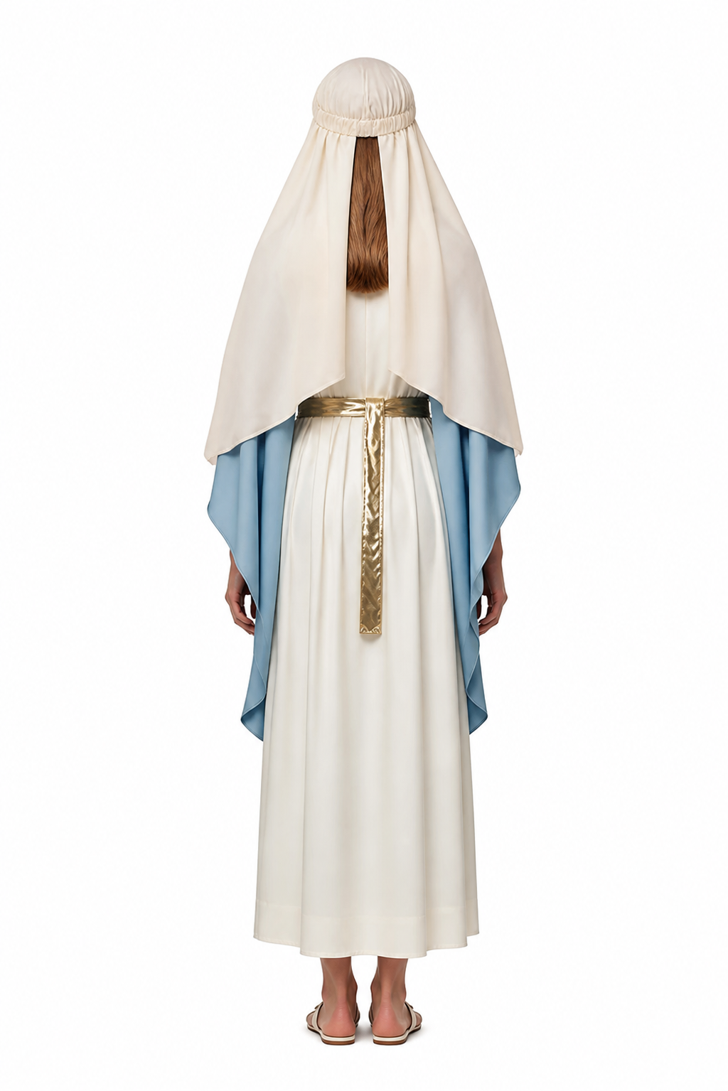 Long Dress with a Blue Cape, Scarf, and Gold Belt back view