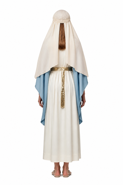Long Dress with a Blue Cape, Scarf, and Gold Belt back view