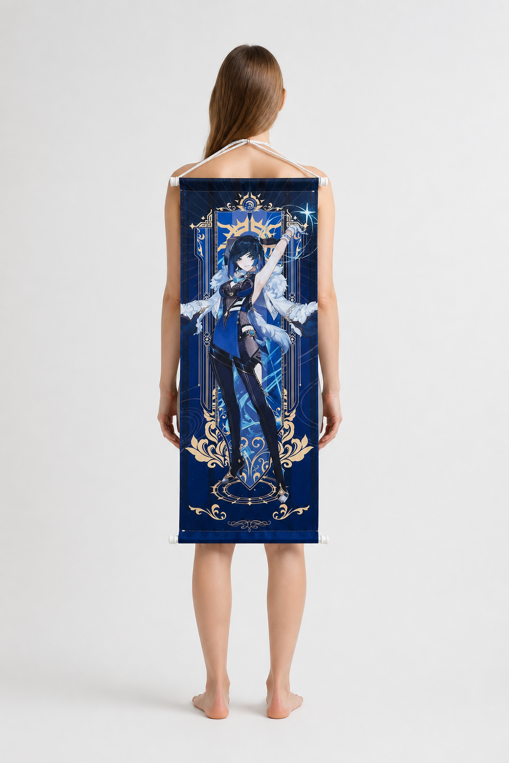 Wall Scroll with an Anime Character from a Video Game back view