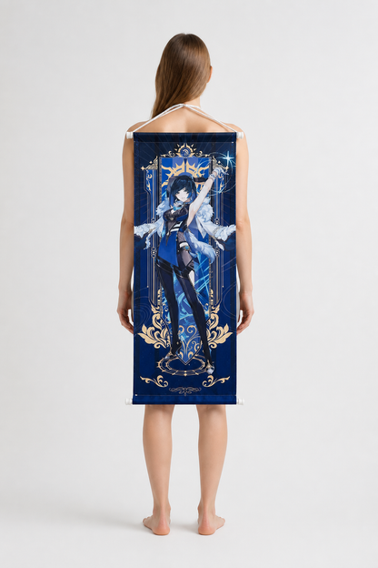 Wall Scroll with an Anime Character from a Video Game back view