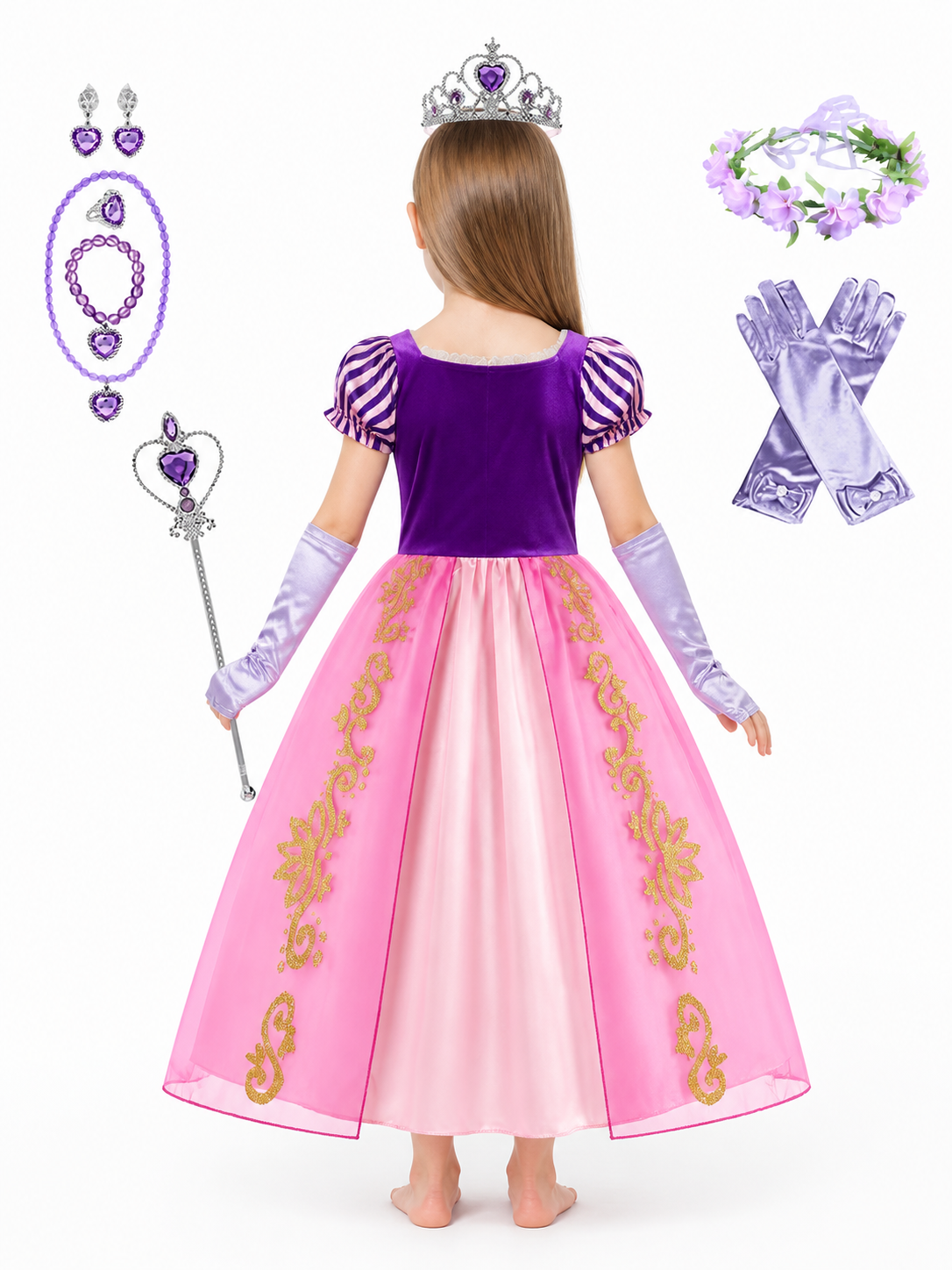 Rapunzel Princess Dress with Crown and Accessories back view