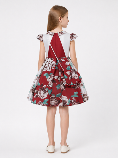 Burgundy Princess Dress with Floral Print and Handbag back view