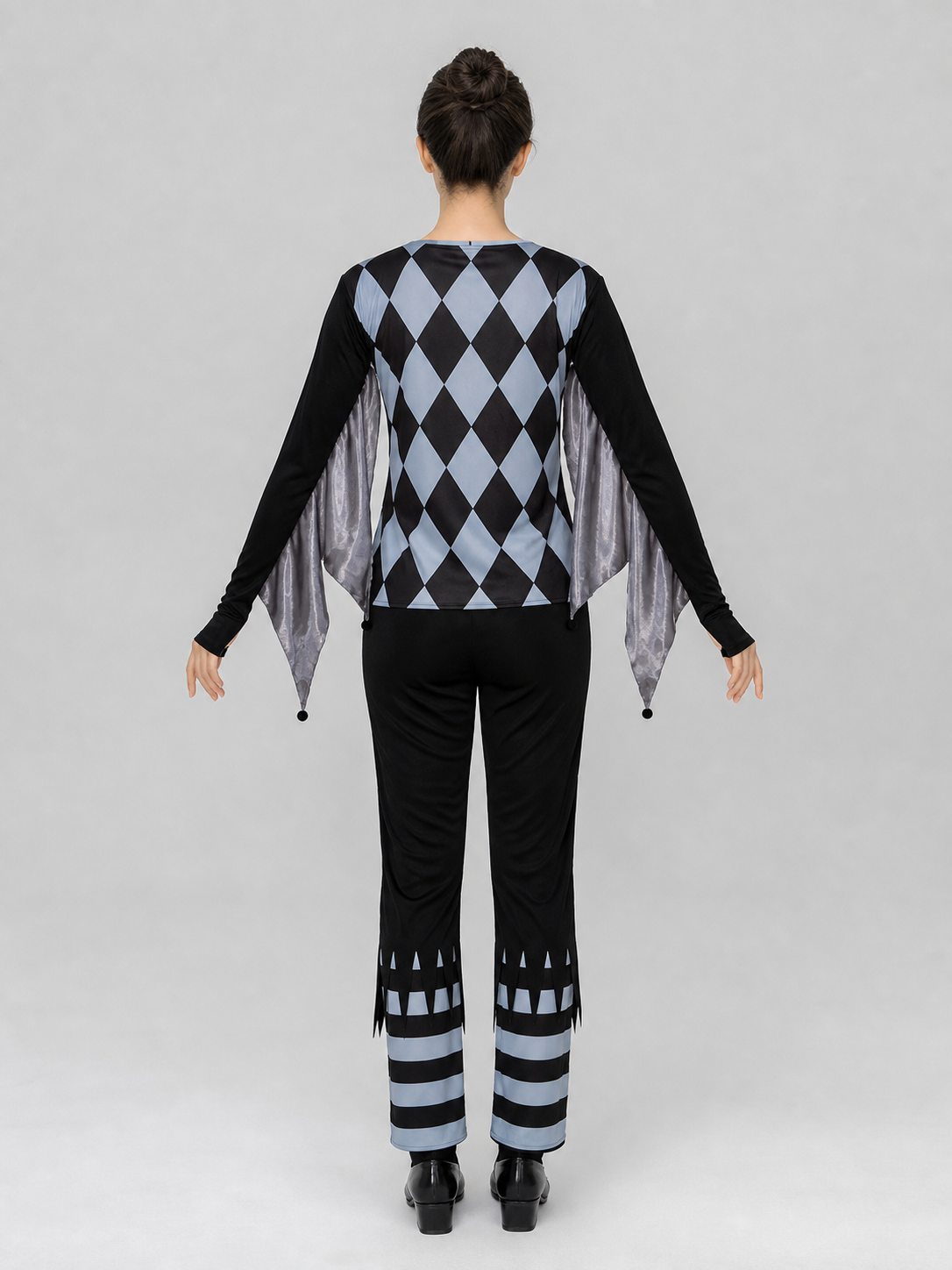 Clown costume designed in a striking circus style with elements of an evil clown back view