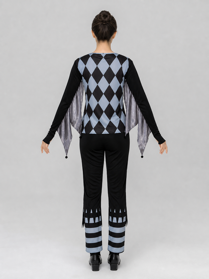 Clown costume designed in a striking circus style with elements of an evil clown back view