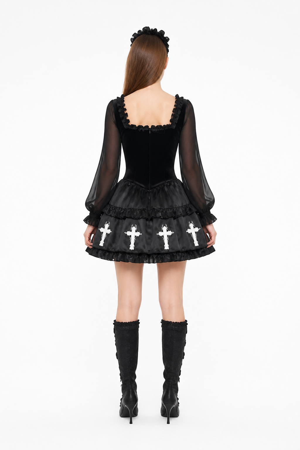 Gothic Dress with a White Cross and Layered Skirt back view