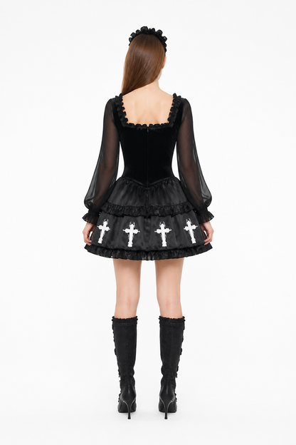 Gothic Dress with a White Cross and Layered Skirt back view