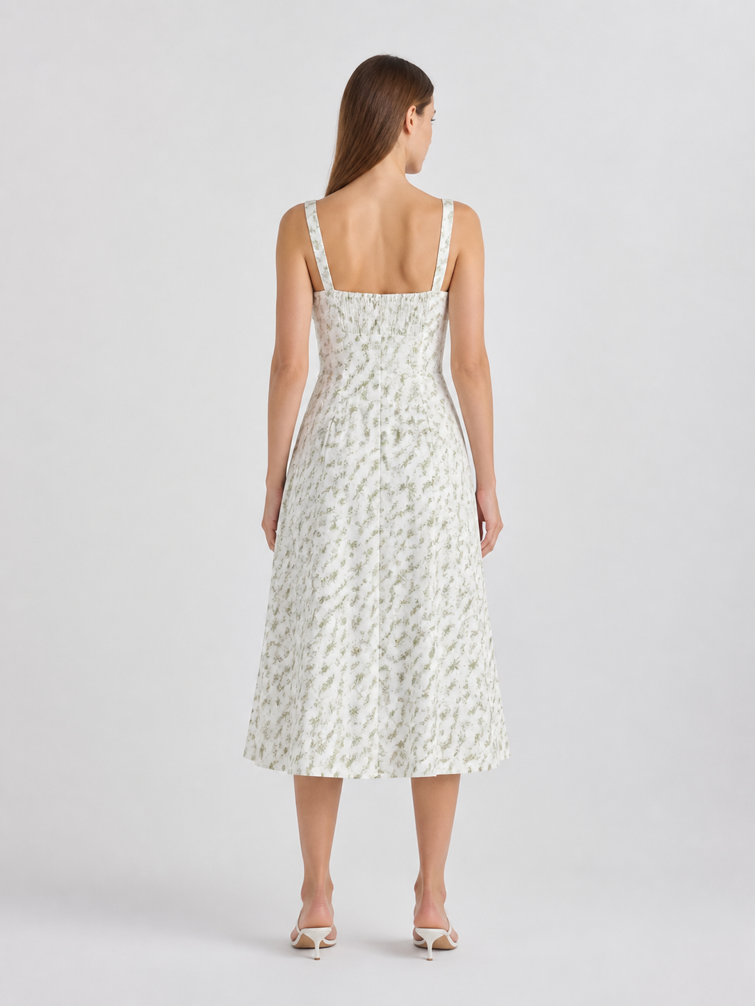 Midi Dress with Spaghetti Straps, Slit, and Floral Print back view