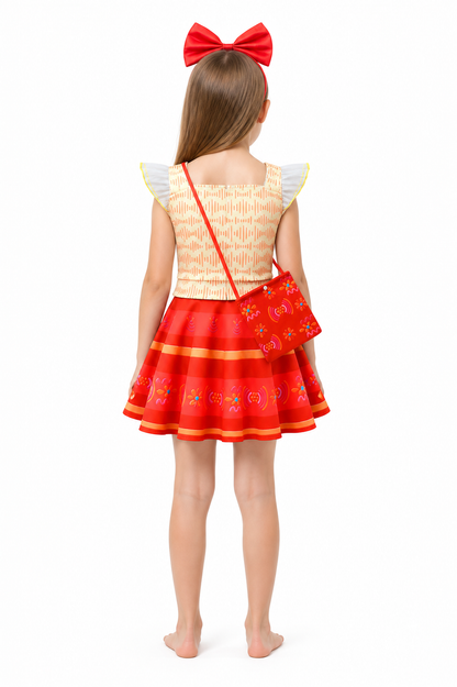 Children's Mirabel Costume with Dress, Bow, and Handbag back view