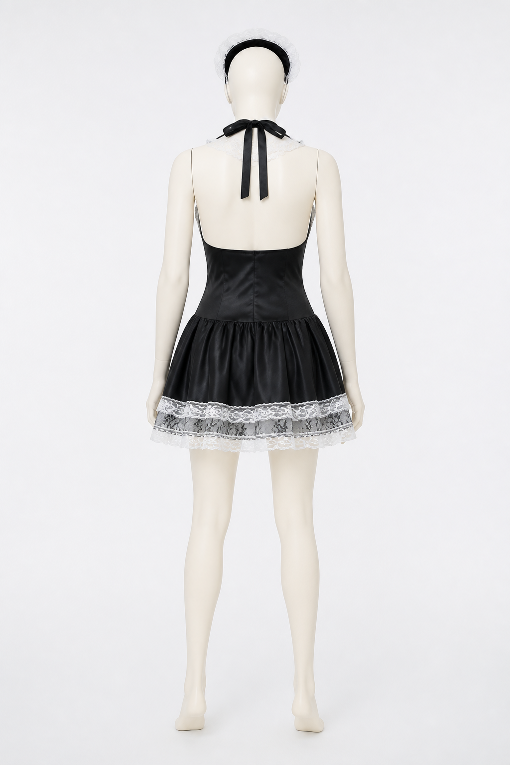 Black-and-White Cosplay Dress with Lace and Bow back view