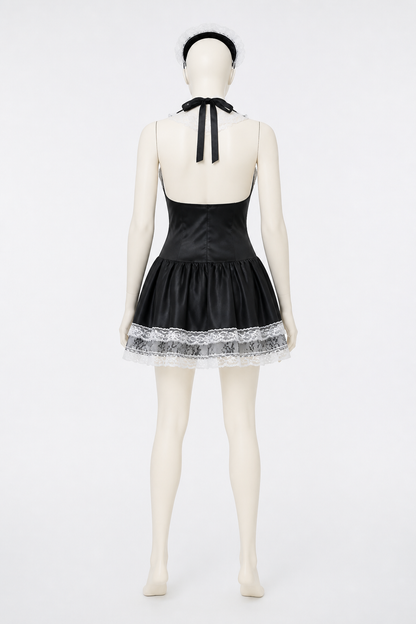 Black-and-White Cosplay Dress with Lace and Bow back view