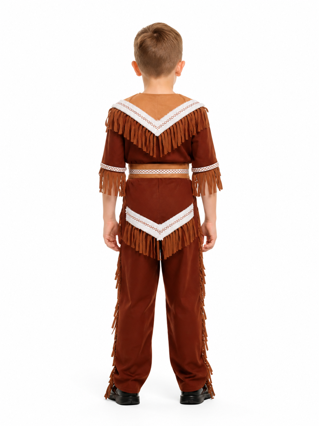 Children's Native American costume with fringe and white trim back view