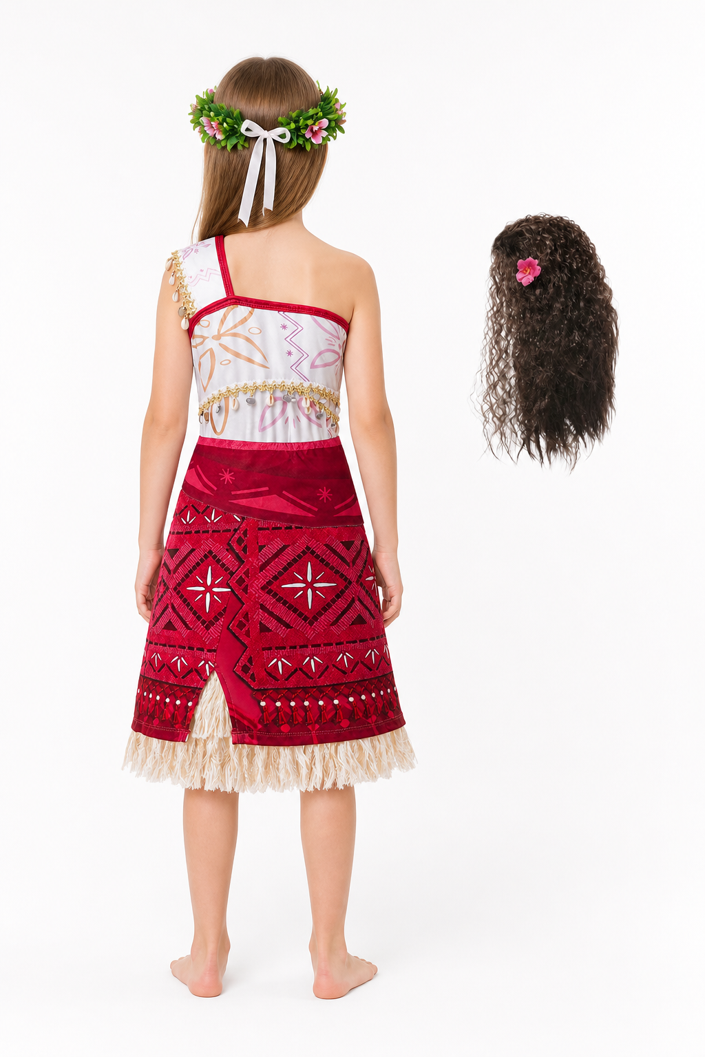 Moana Princess Costume with Wig and Wreath back view