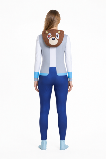 Bear Hooded Cosplay Jumpsuit, Blue and White back view