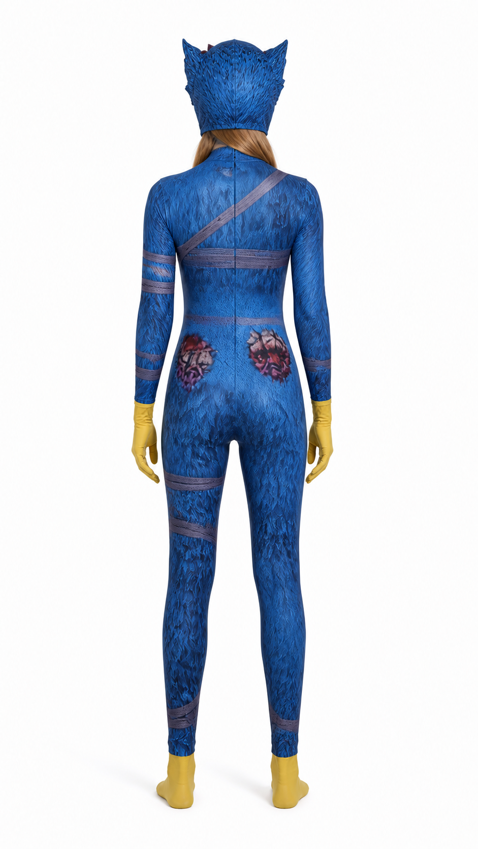 Blue Hooded Monster Jumpsuit Costume back view
