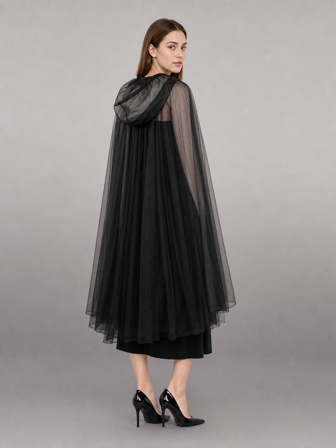 Black costume cloak with hood, layered mesh