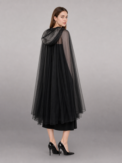 Black costume cloak with hood, layered mesh