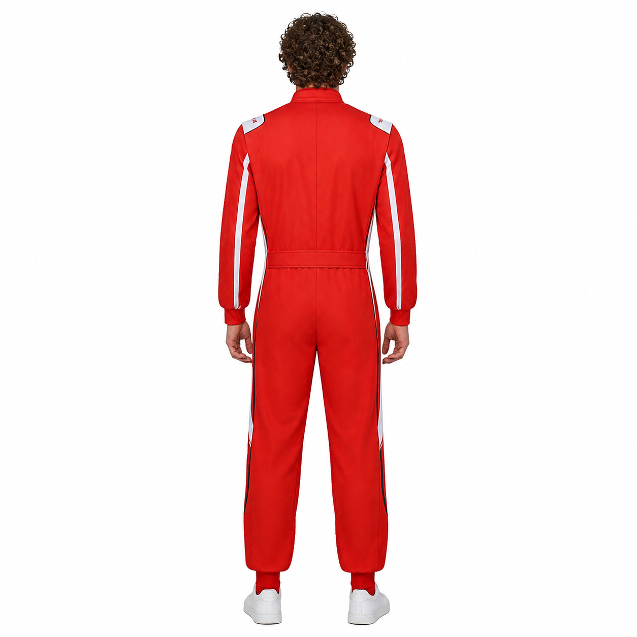Red Racing Karting Suit with White Stripes back view