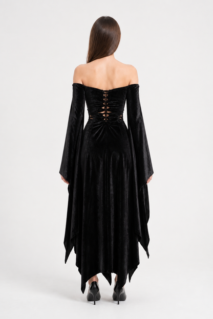 Black Gothic Dress: Off-the-Shoulder Design and Uneven Hem