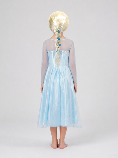 White Costume Wig with Blue Flowers and Long Braid back view
