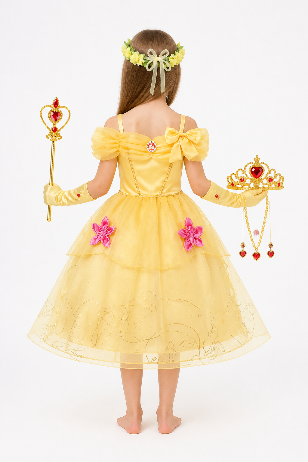 Princess costume with crown and wand, yellow dress back view