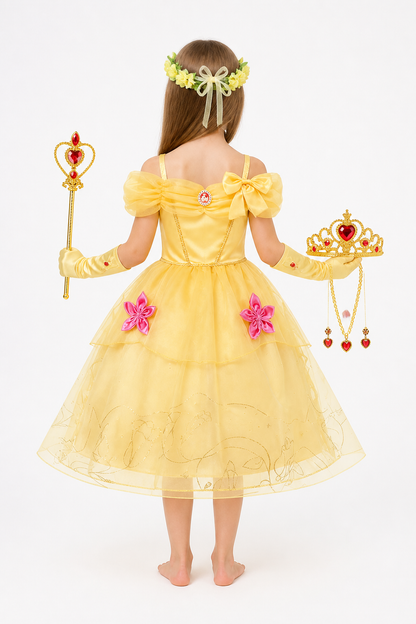Princess costume with crown and wand, yellow dress back view