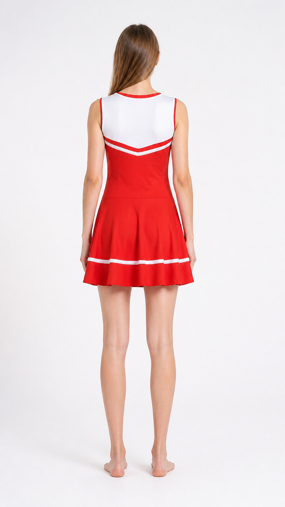 Red-and-white cheerleading dress with “cheer” lettering back view