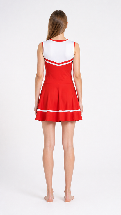 Red-and-white cheerleading dress with “cheer” lettering back view