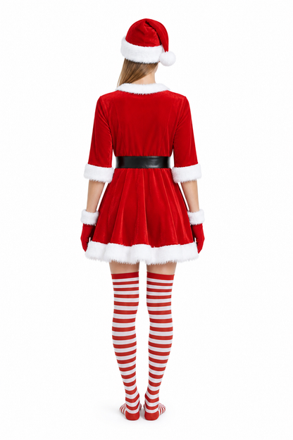 Santa Claus costume with hat, gloves, and stockings back view